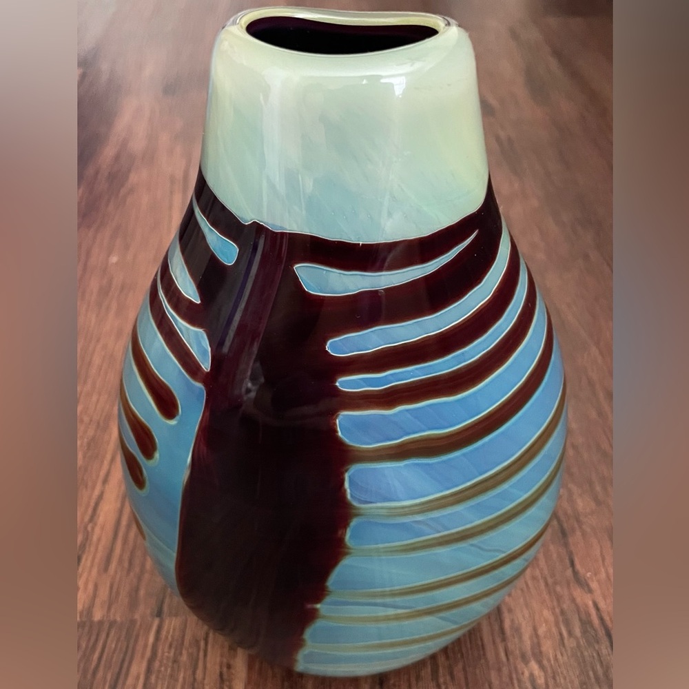 Peter Gudrunas Glass Vase Handblown Canadian Art Glass Blue Green Brown Ribcage